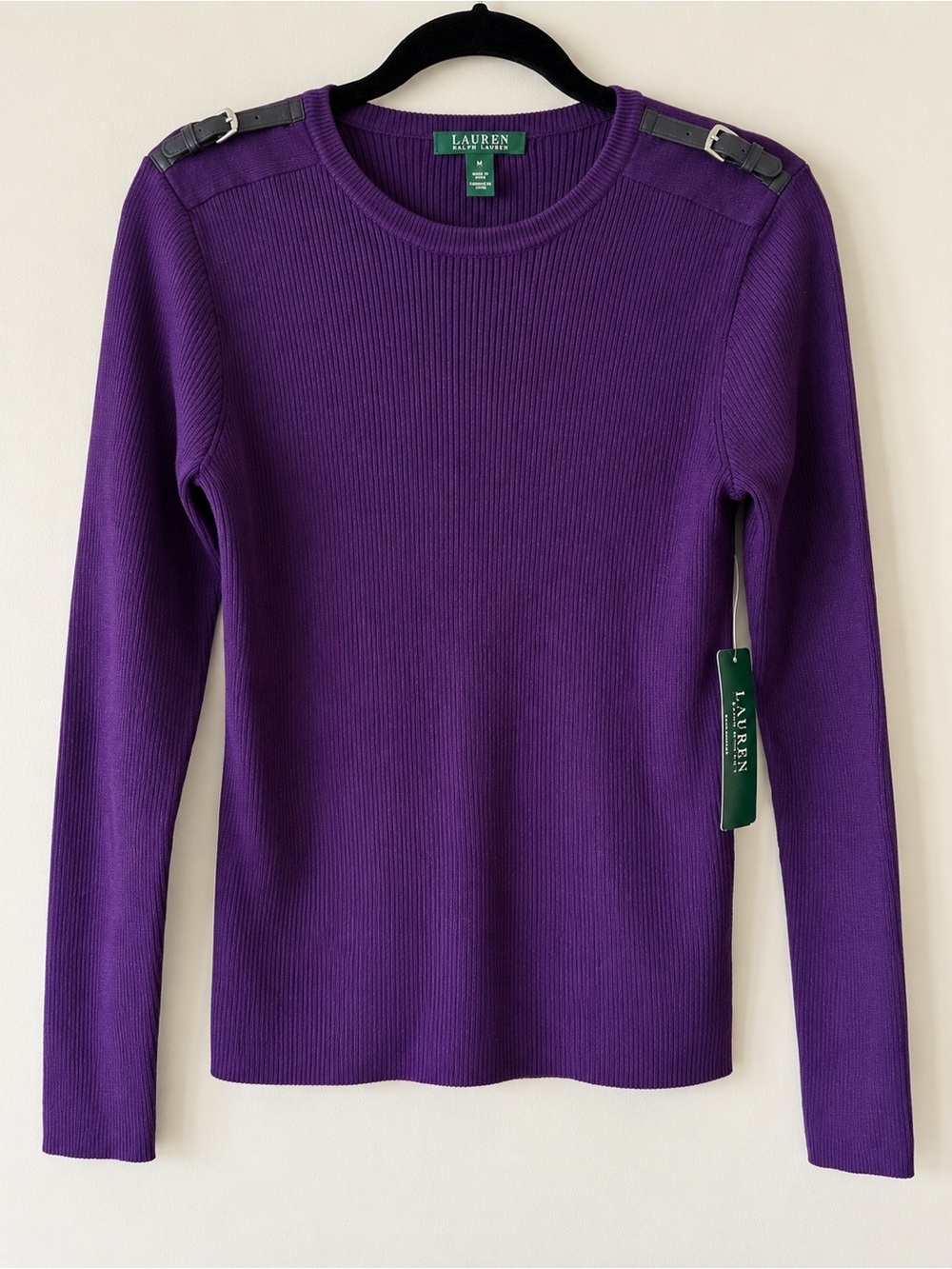Lauren Ralph Lauren Purple Ribbed Sweater Buckle Shoulder M NWT